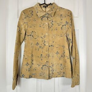 New Frontier 100% suede leather tan floral pattern button down shirts size M